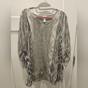 Chico’s Size 3 (XL) Black Beige Green Geometric Print 3/4 Sleeve Top Boho Tribal